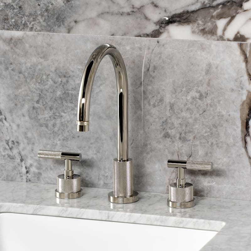 Kingston Brass Convergent Widespread Bathroom Faucet with Knurled Handle and Brass Pop-Up