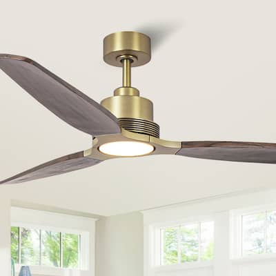 Parrot Uncle 56" Farmhouse Solid Wood Diammable LED Gold Ceiling Fan with Remote and Light