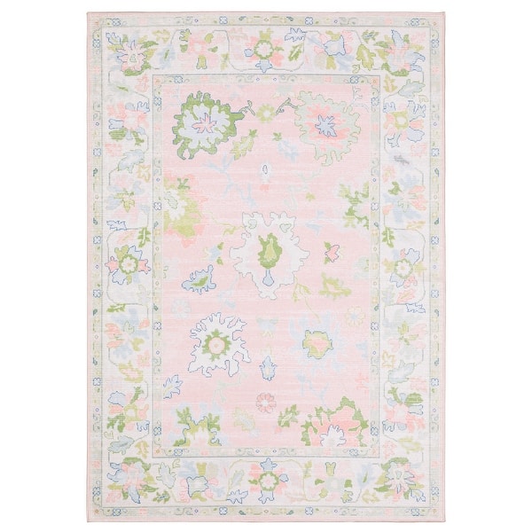 Boardered Tile Rug Addison Traditional Bordered Floral Pink/ Green Printed Washable Flat ...