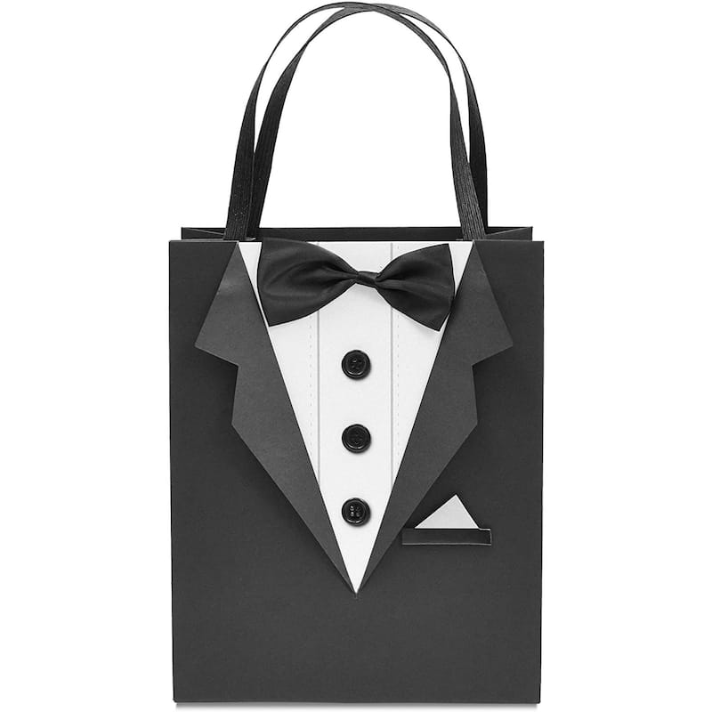 Sparkle and Bash 6 Pack Gift Bags with 3D Tuxedo Design , for Bachelor Birthday, 8x4.5x10"