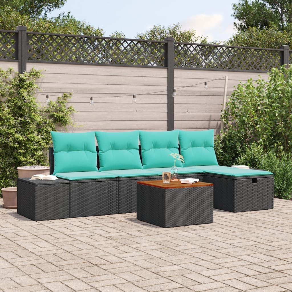 vidaXL 6 Piece Garden Sofa Set with Cushions Black Poly Rattan - 115.8×46.1×27.2