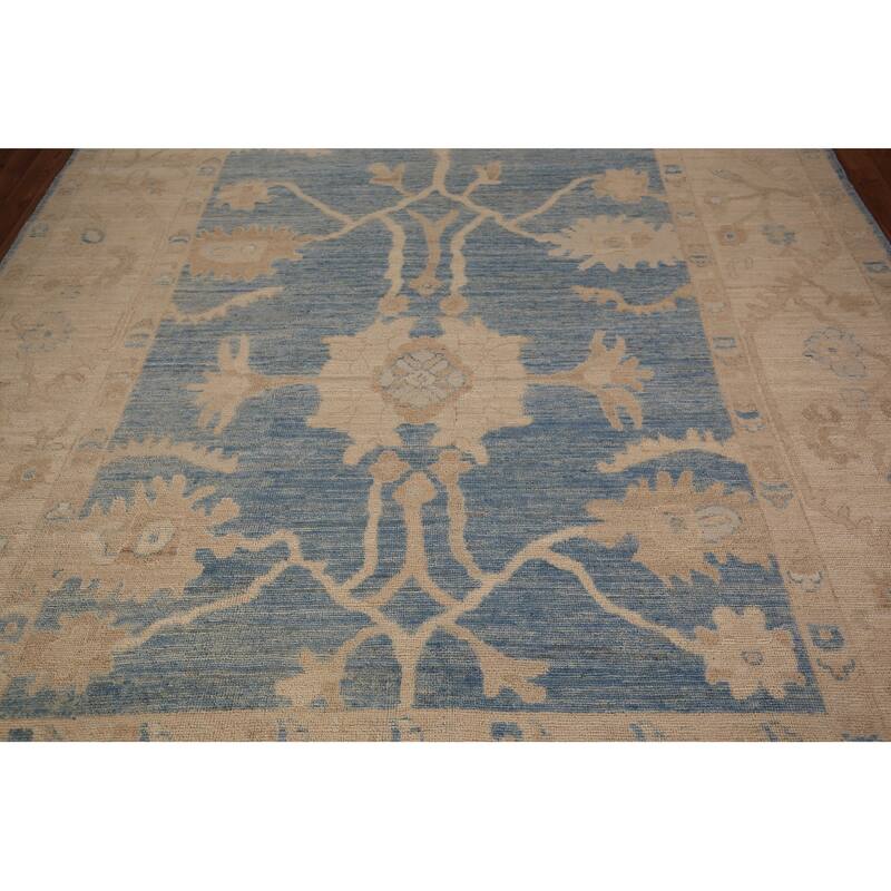 Vegetable Dye Blue Oushak Turkish Area Rug Hand-Knotted Wool Carpet - 8'2" x 9'11"