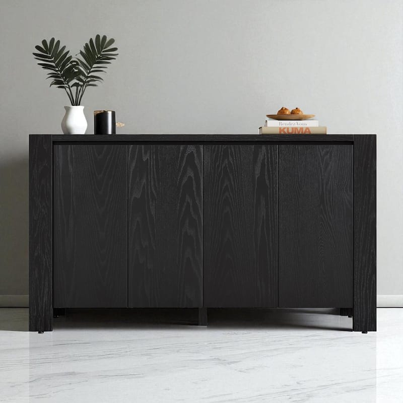 59" 4-Door Retro Wood Sideboard Buffet Cabinet with Distressed Finish and Adjustable Shelves - Black