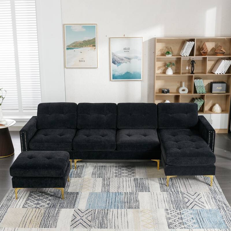 Roomfitters L-Shape Convertible Sectional Sofa with Movable Ottoman for Living Room Apartment Office