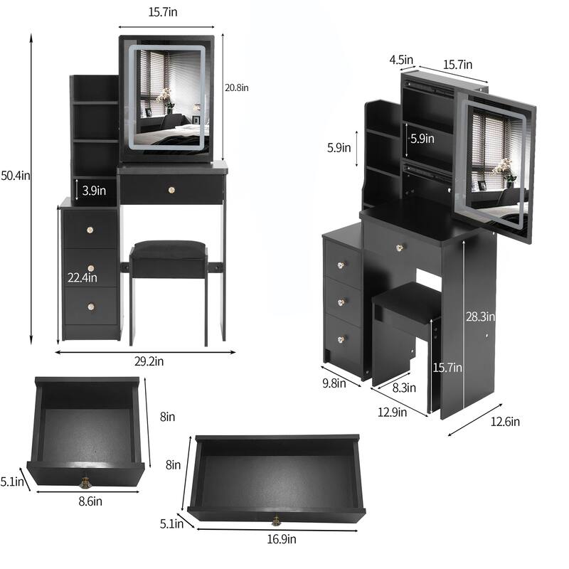 29.2" Compact Dressing Table Set with 3-Color LED Mirror & Stool