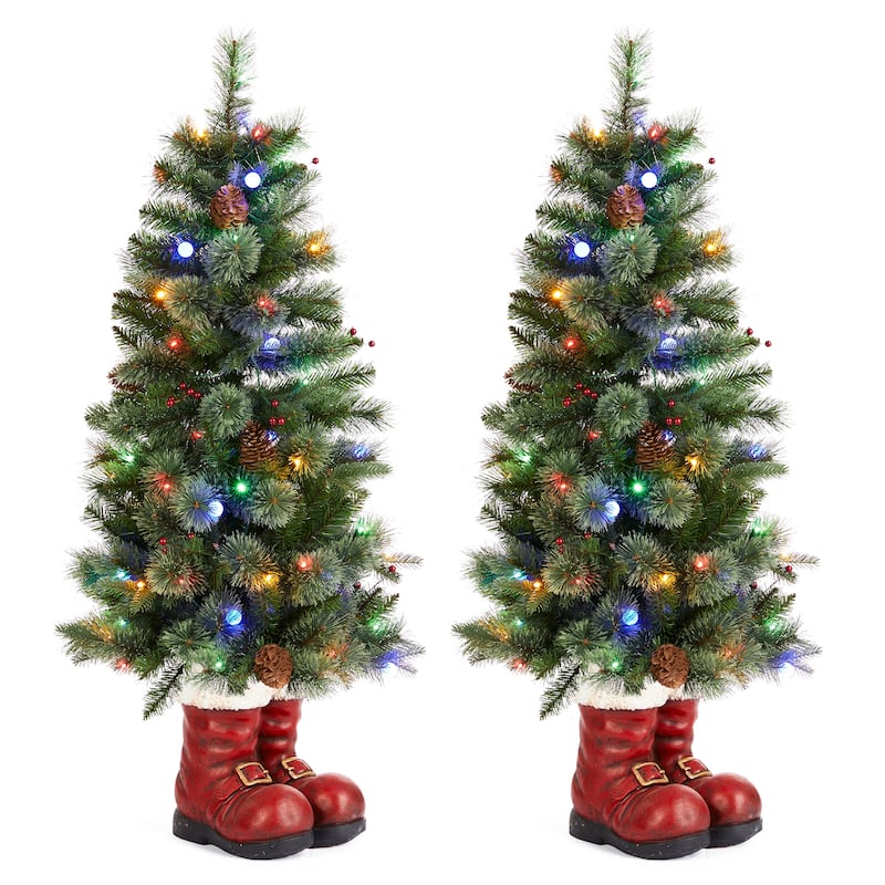 Glitzhome 4.5ft Christmas Santa Boots Porch Tree with 75 Warm White/Multi-color LED Lights