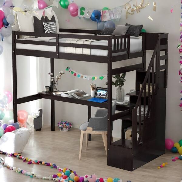 slide 2 of 13, Twin Size Loft Bed With Storage Staircase And Built-in Desk for Home Espresso