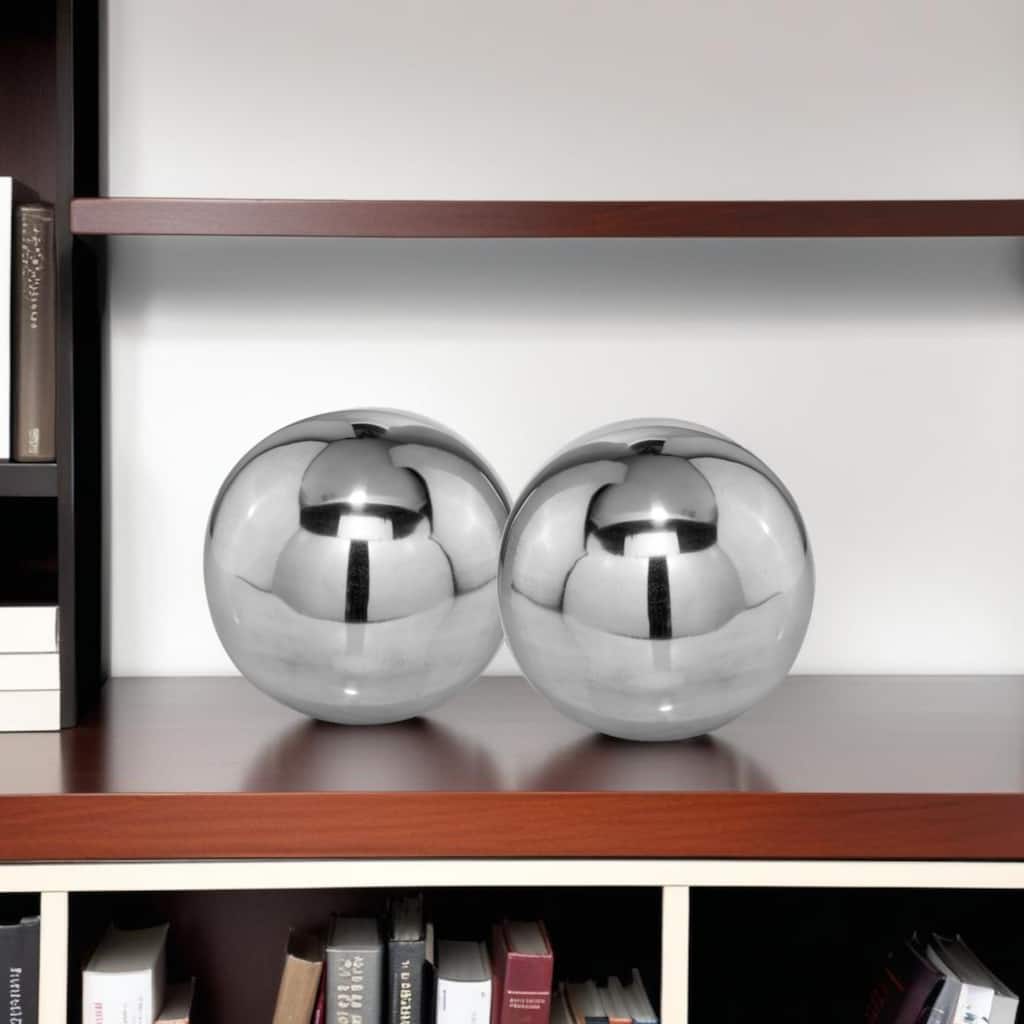 HomeRoots Set of Two Silver Buffed Aluminum Decorative Orb Tabletop Sculpture