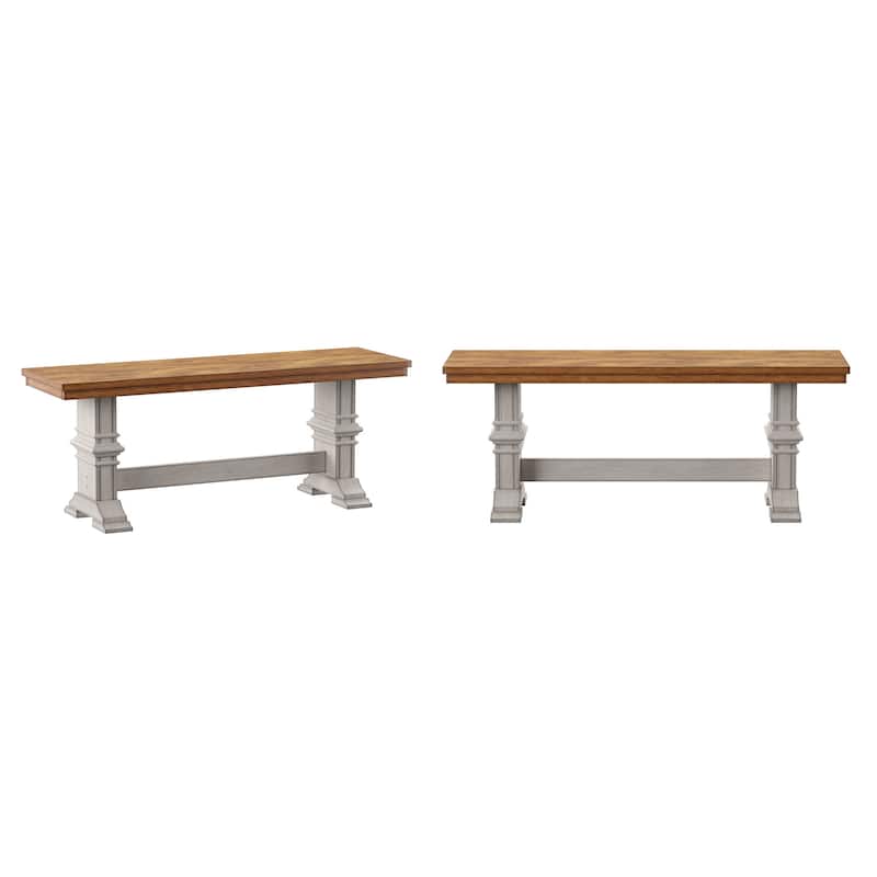Ronda Two-Tone Trestle Leg Wood Dining Bench - Oak Top with Antique White Base