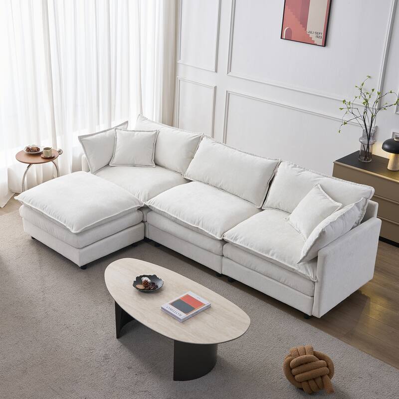 105" Modular Sectional Sofa with Ottoman, Upholstered Chenille Fabric 3-Seater - Beige