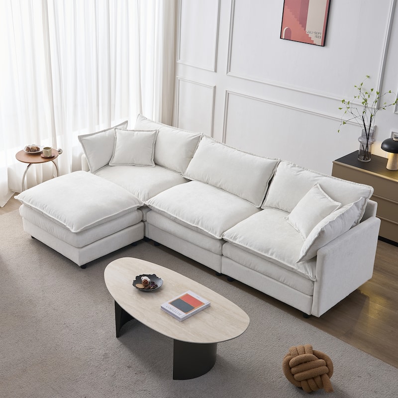 Chenille Upholstered L-shaped Sectional Sofa 3 Seater Modular Couch with Ottoman, Pillows and Double Layer Seat Cushions