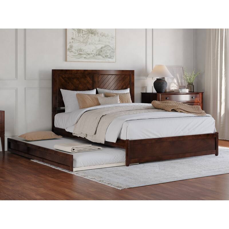 Clayton Platform Bed with Panel Footboard and Twin XL Trundle - Walnut - Queen