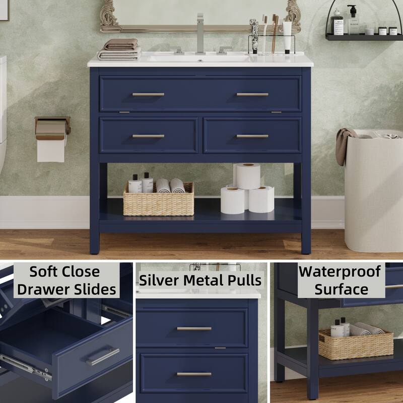 Bathroom Vanity with Sink, Multi-Functional Wood Bathroom Cabinet, Vanities Set with Open Shelf, Tip-Out Tray & 2 Drawers