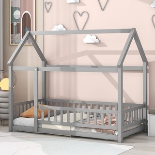 Grey Twin Size Pine Wood Floor Bed with House Roof Frame for Kids
