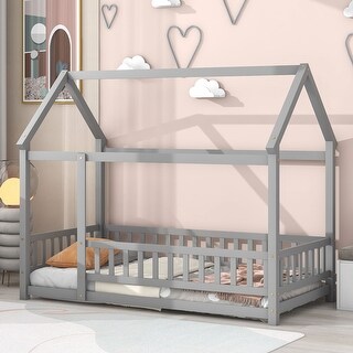 Grey Twin Size Wooden Floor Bed with House Roof and Guardrails for Kids