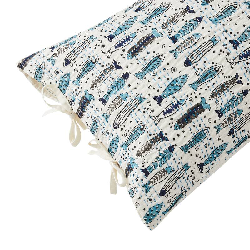 Melange Hand Stitched Kantha Block Print Fish Coverlets and Shams