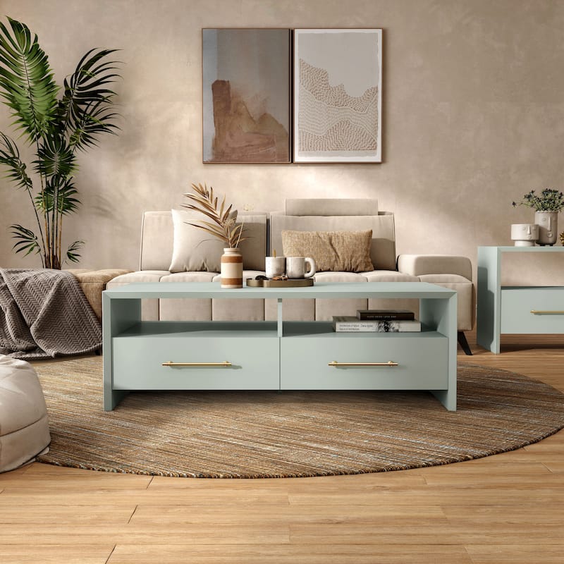 DH BASIC Modern 47-inch 2-Drawer Coffee Table with Metal Bar Handle by Denhour