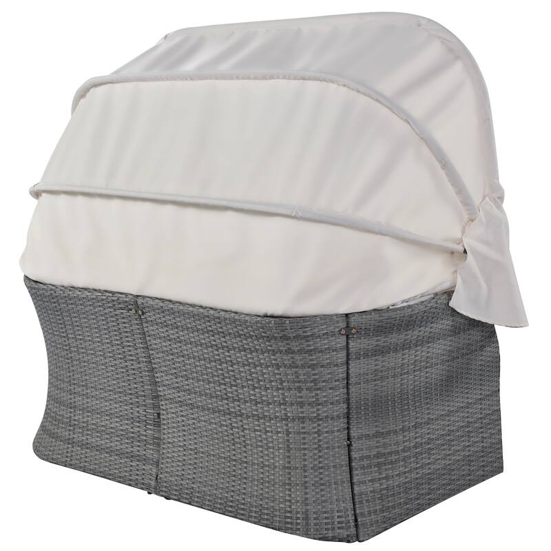 6-Pieces Outdoor Patio Rattan Round Daybed Sunbed Set with Retractable Canopy and Lift Table
