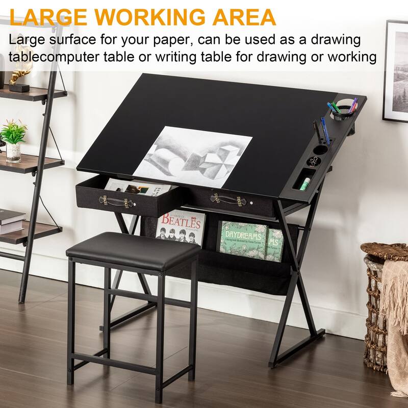 Javlergo Drafting Table Drawing Table Artist Desk Tilting Tabletop Art Craft Desk 2 Storage Drawers and Stool for Home Office