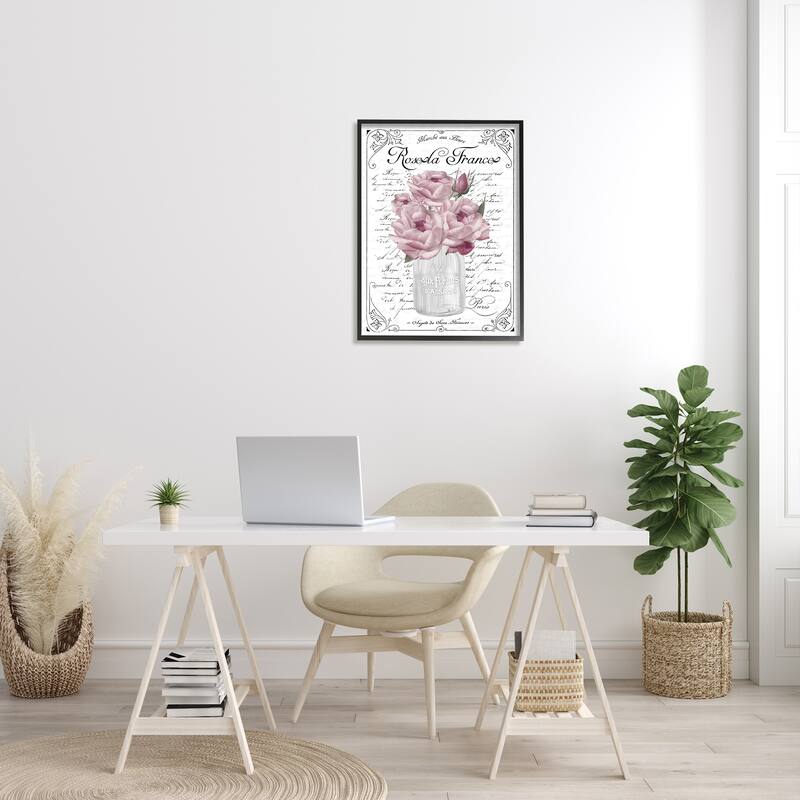 Stupell Pink Roses Bouquet French Words Fancy Script Background Framed Wall Art, Design by Lettered and Lined