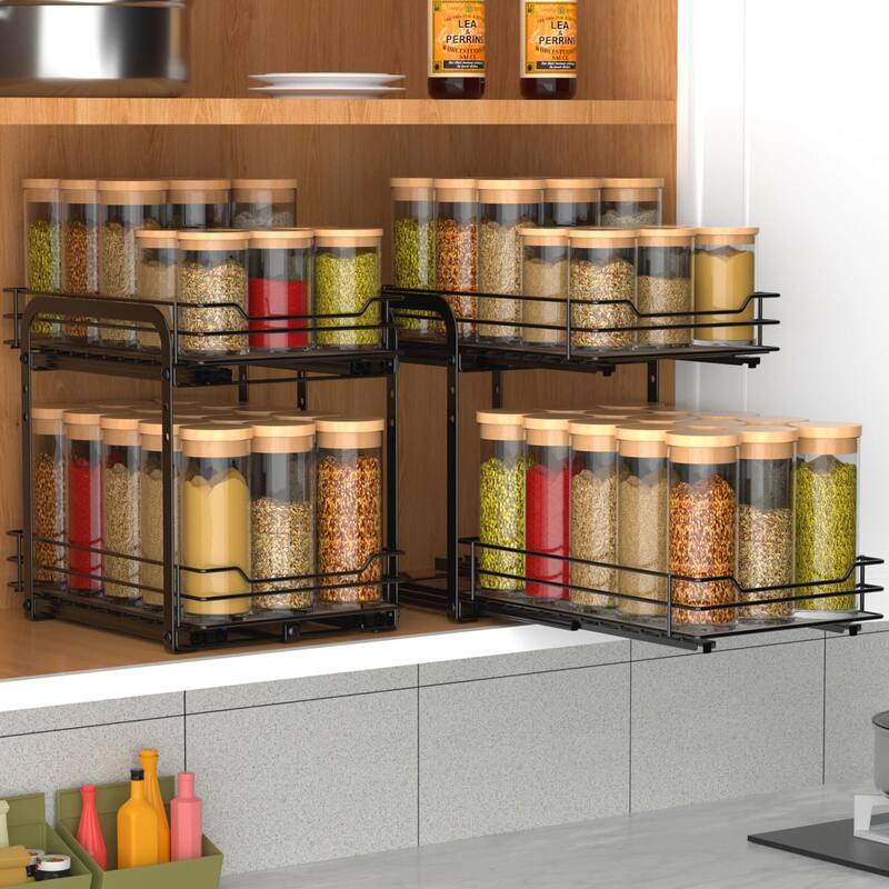 2-Tier Spice Rack, Pull Out Cabinet Organizer Spice Racks Height Adjustable Heavy Duty Metal Basket (7.5''Wx10.5''Dx9.5''H)