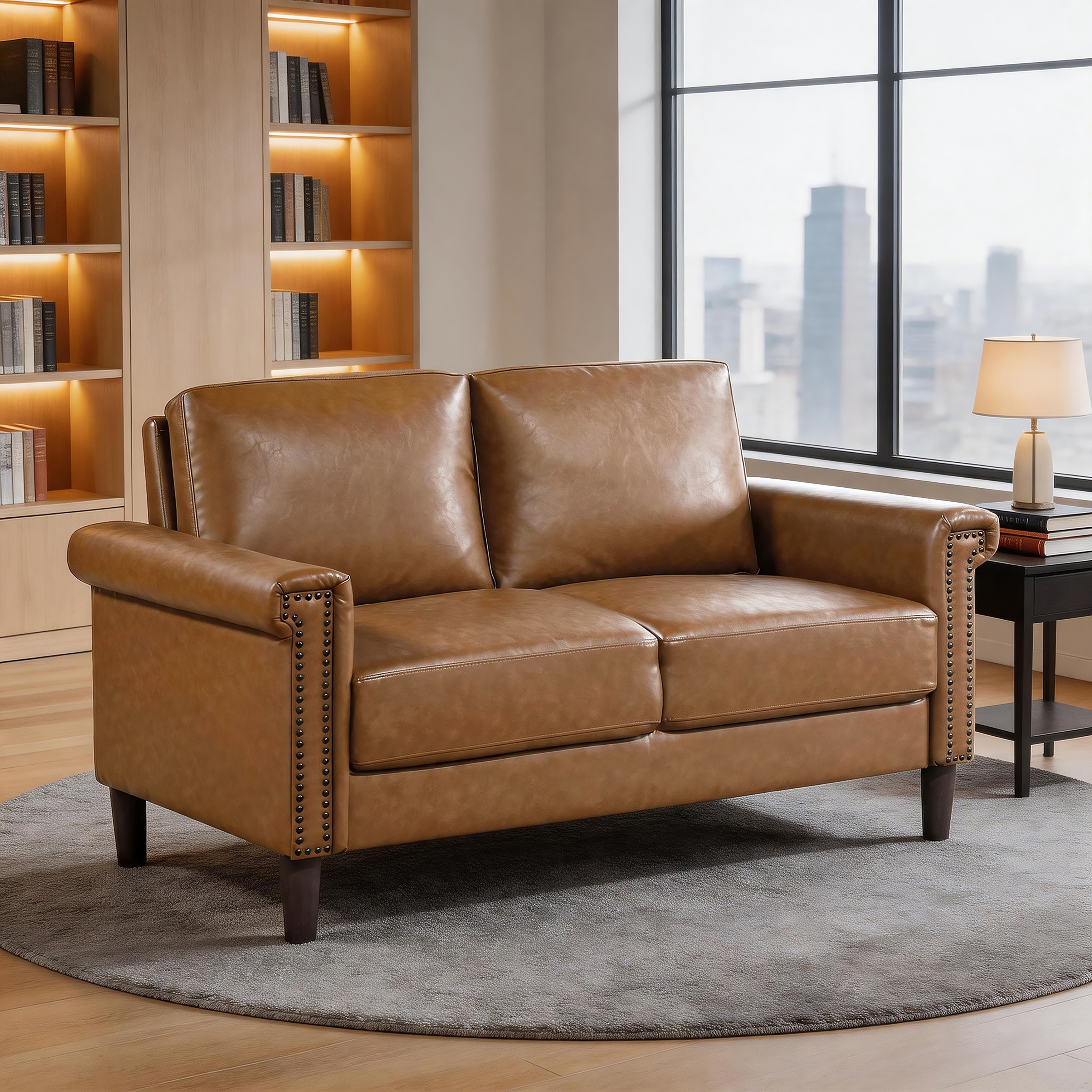 Halston 55.5" Faux Leather 2-Seater Loveseat with Nailhead Trim