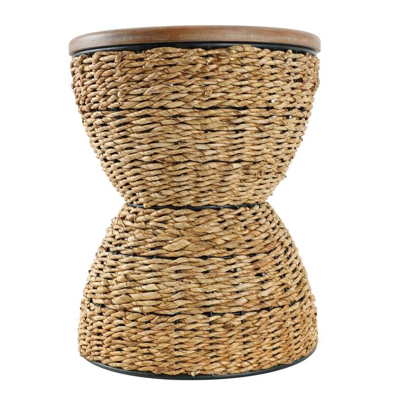 Light Brown or Brown Rattan Handmade Woven Side End Accent Table with Wood Tabletop and Black Frame