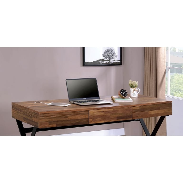 GDFStudio - Ethan Industrial Computer Desk with X-Cross Legs, Three Storage Drawers, USB and Power Outlets
