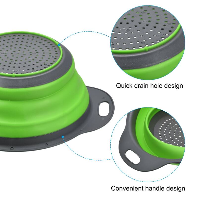 Collapsible Colander, Silicone Round Foldable Strainer with Handle - 23.5cm x 14cm x 9.5cm - Green