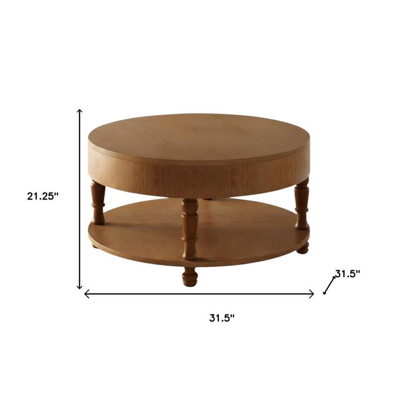 HomeRoots 32" Natural Wood Round Coffee Table With Hidden Storage And Shelf - 31.50 in. x 21.25 in. x 31.50 in.