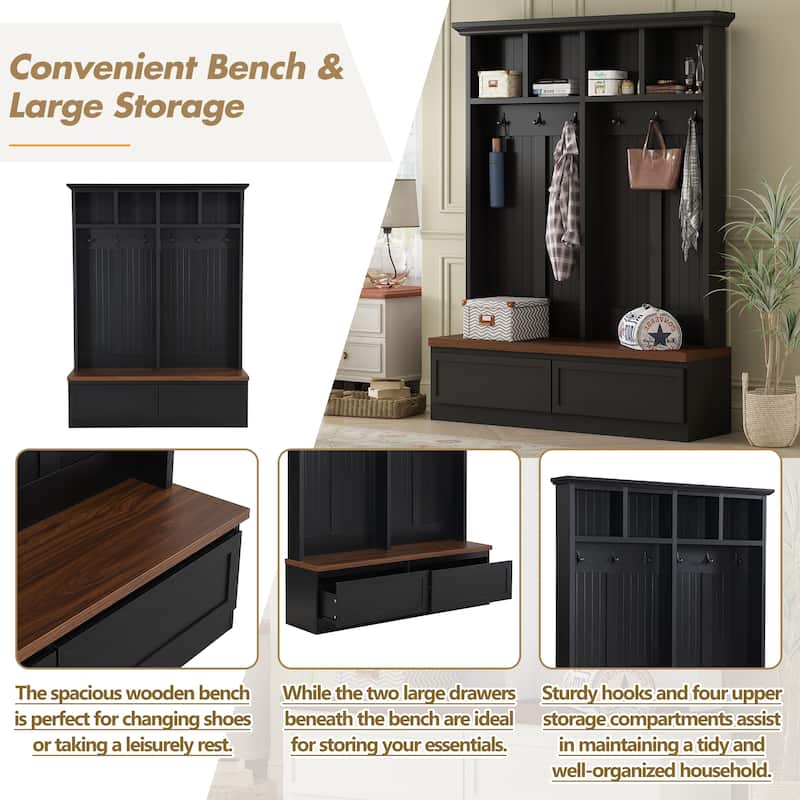 Farmhouse Style 4-in-1 Hall Tree – Wood Grain Bench with Coat Rack & 2 Large Drawers – Mudroom & Entryway Organizer‌