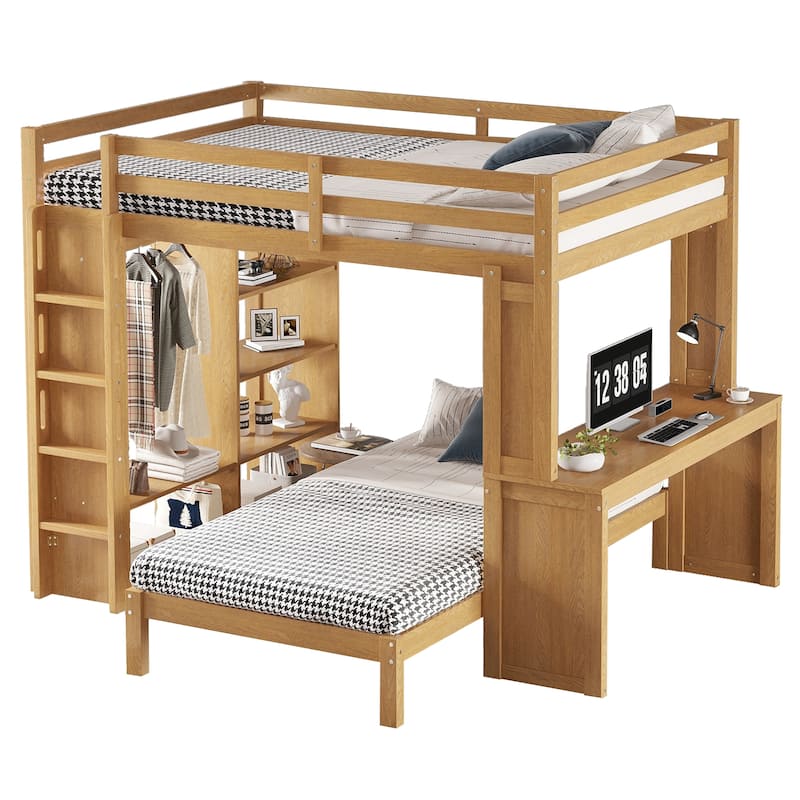Convertible Queen Loft Bed with Desk, Wardrobe, and Shelves, Solid Wood Frame, Natural Finish