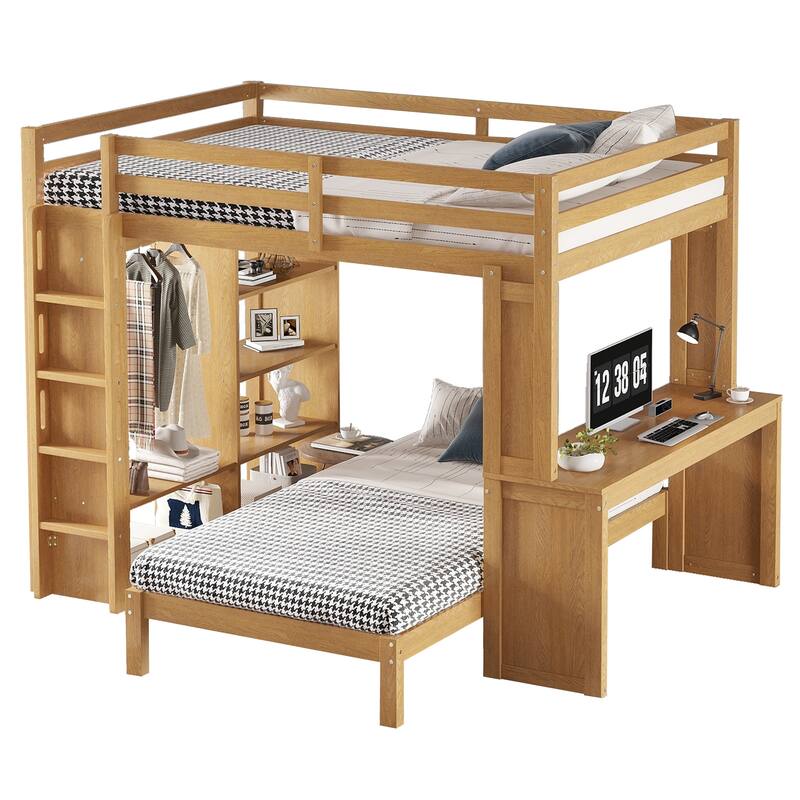 Roomfitters Full/Queen Solid Wood Bunk Bed with Dismountable Lower Bed, Desk, Shelves & Wardrobe, Convertible Loft