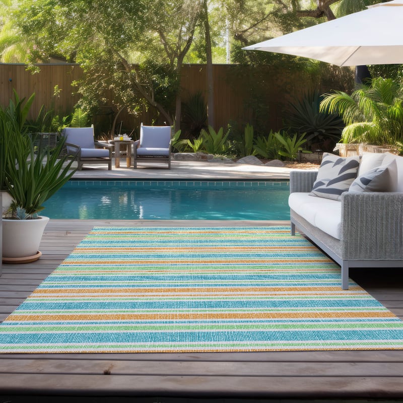 Machine Washable Indoor/ Outdoor Thin Cabana Stripe Chantille Rug