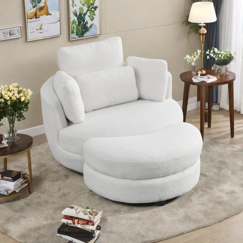 Wide Teddy Fabric Oversized Swivel Barrel Chair with Moon Storage Ottoman, 4 Pillows and 360° Rotation