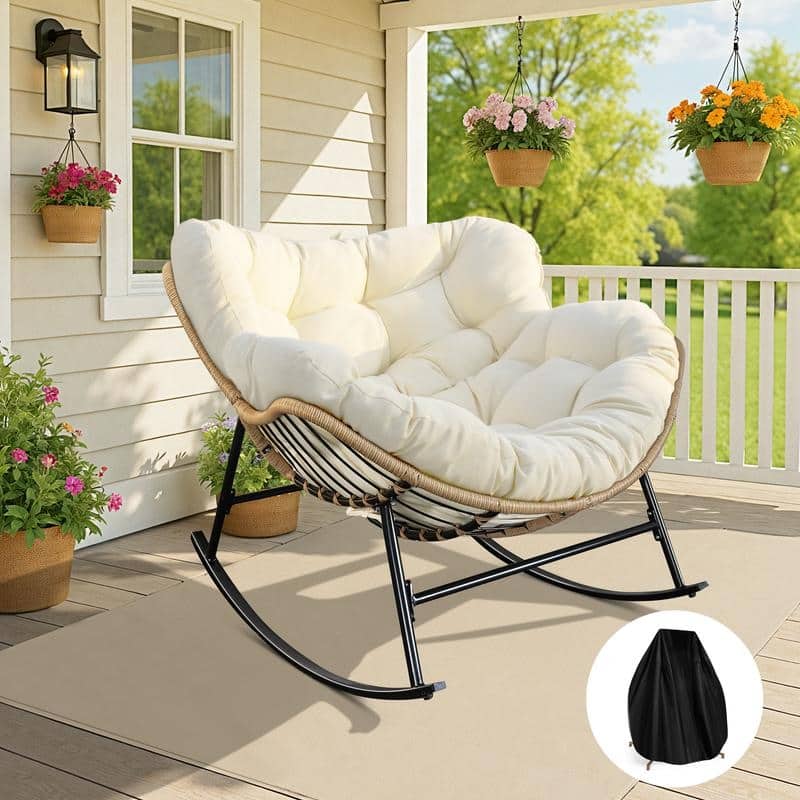 FINCATI Outdoor Royal Rocking Papasan Chair, Luxury Cozy Outdoor Rocking Chair, 450 lbs Indoor Extra Large Recliner Chair - 1 PC-Beige