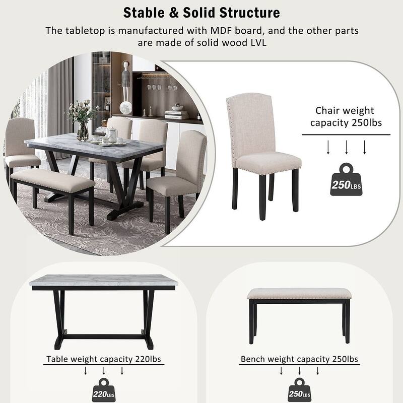 Modern Style 6 PCS Dining Table Set for 6 with Marbled Veneers