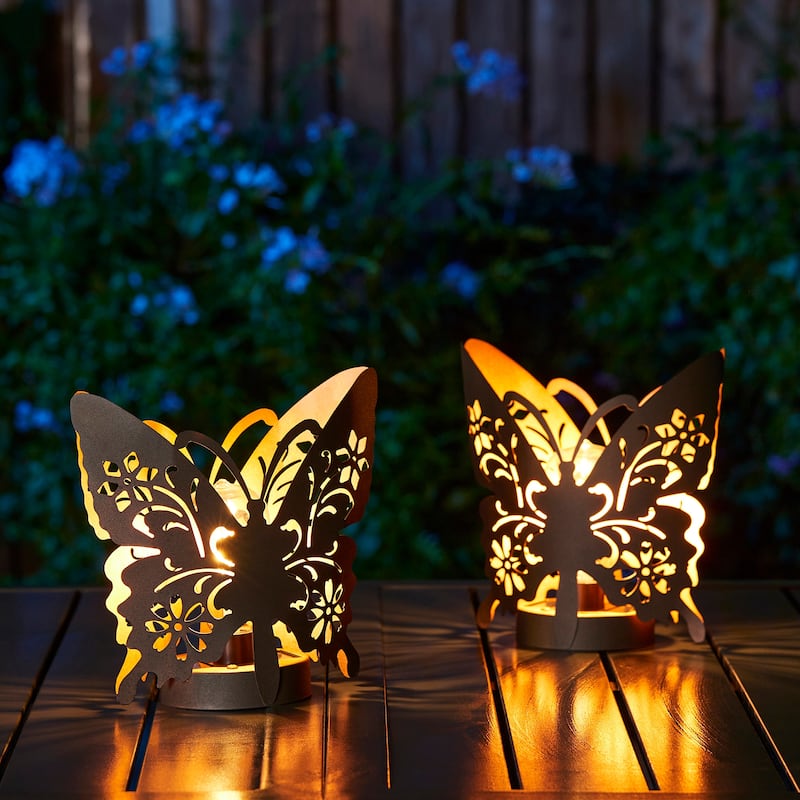 Glitzhome Set of 2 Outdoor Metal Bird/Butterfly Cutout Solar Lantern with Bulb
