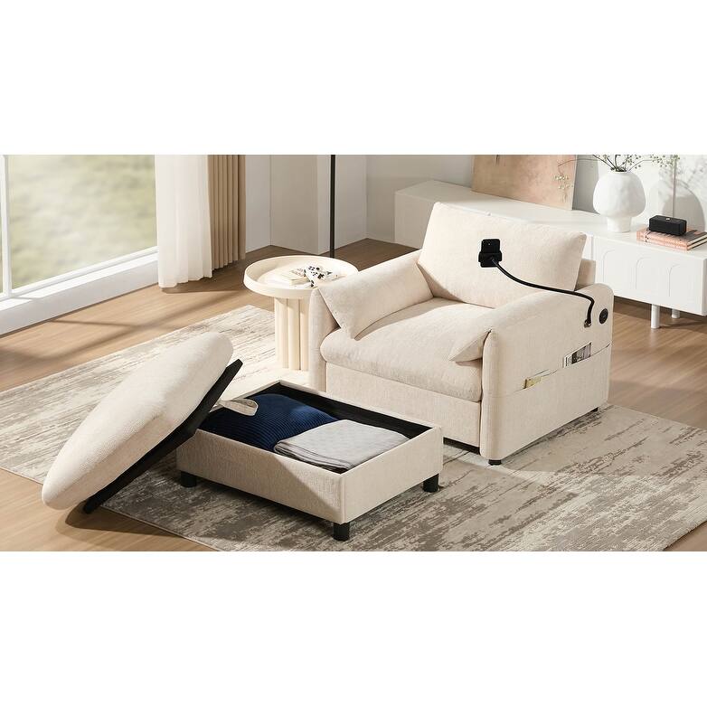 Single Sofa with Storage Ottoman, Lounge Chair with Phone Holder, USB Charger & Side Pockets, Comfy Chenille Reading Armchair