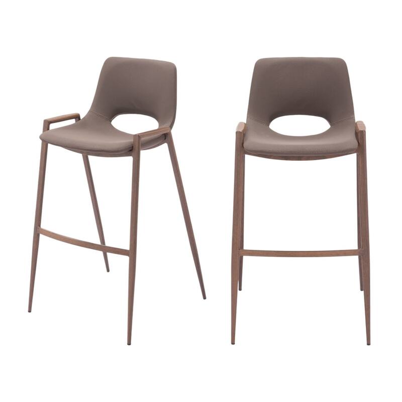 Set of Two 30" Brown Faux Leather And Steel Low Back Bar Height Bar Chairs