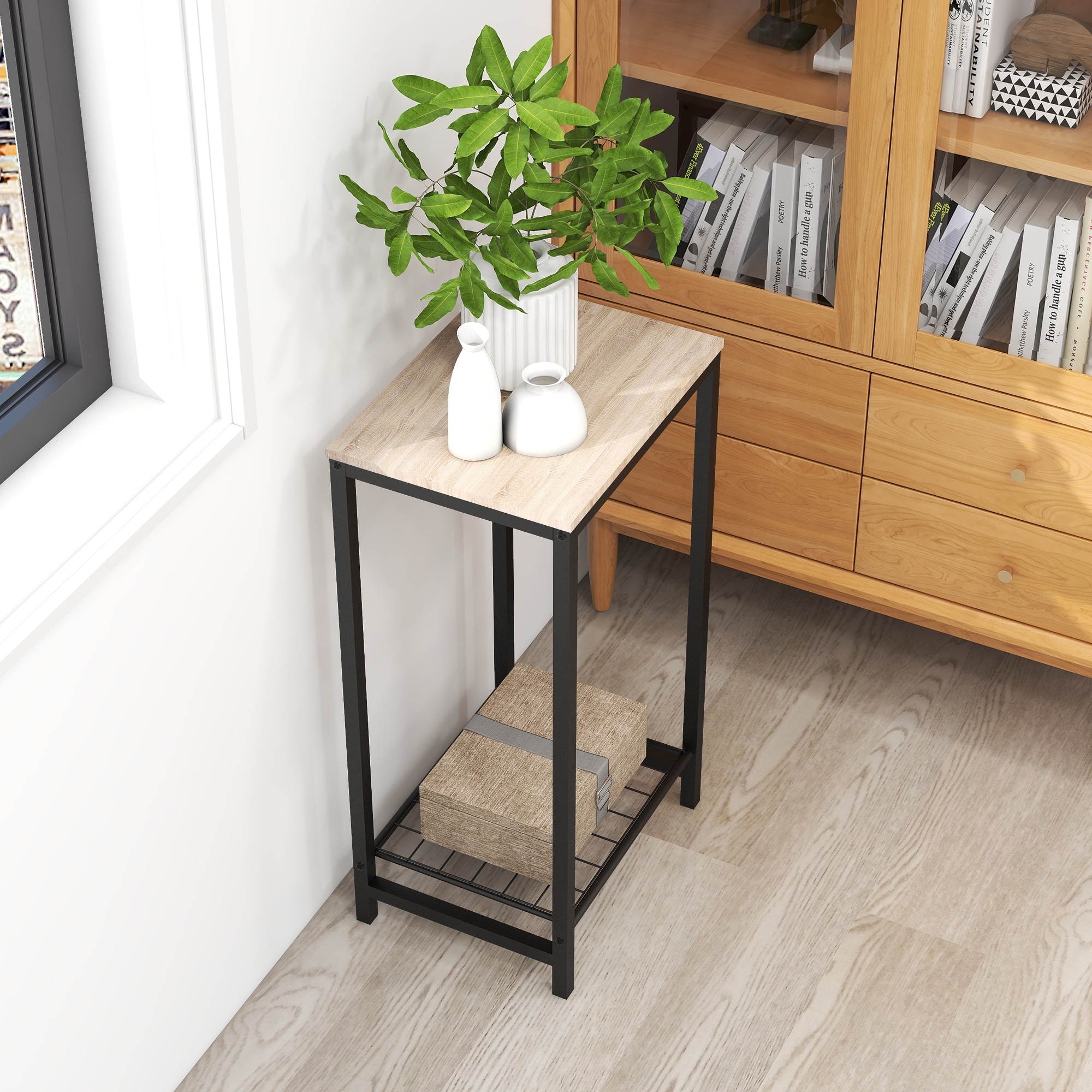 Side Table End Console Table 2 Tier Mesh Shelves Industrial Wood and Metal 