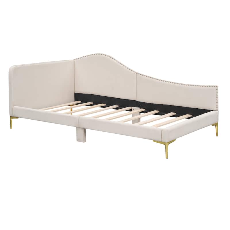 Beige Twin Size Modern Upholstered Daybed with Support Legs,Headboard and Armrest for Bedroom