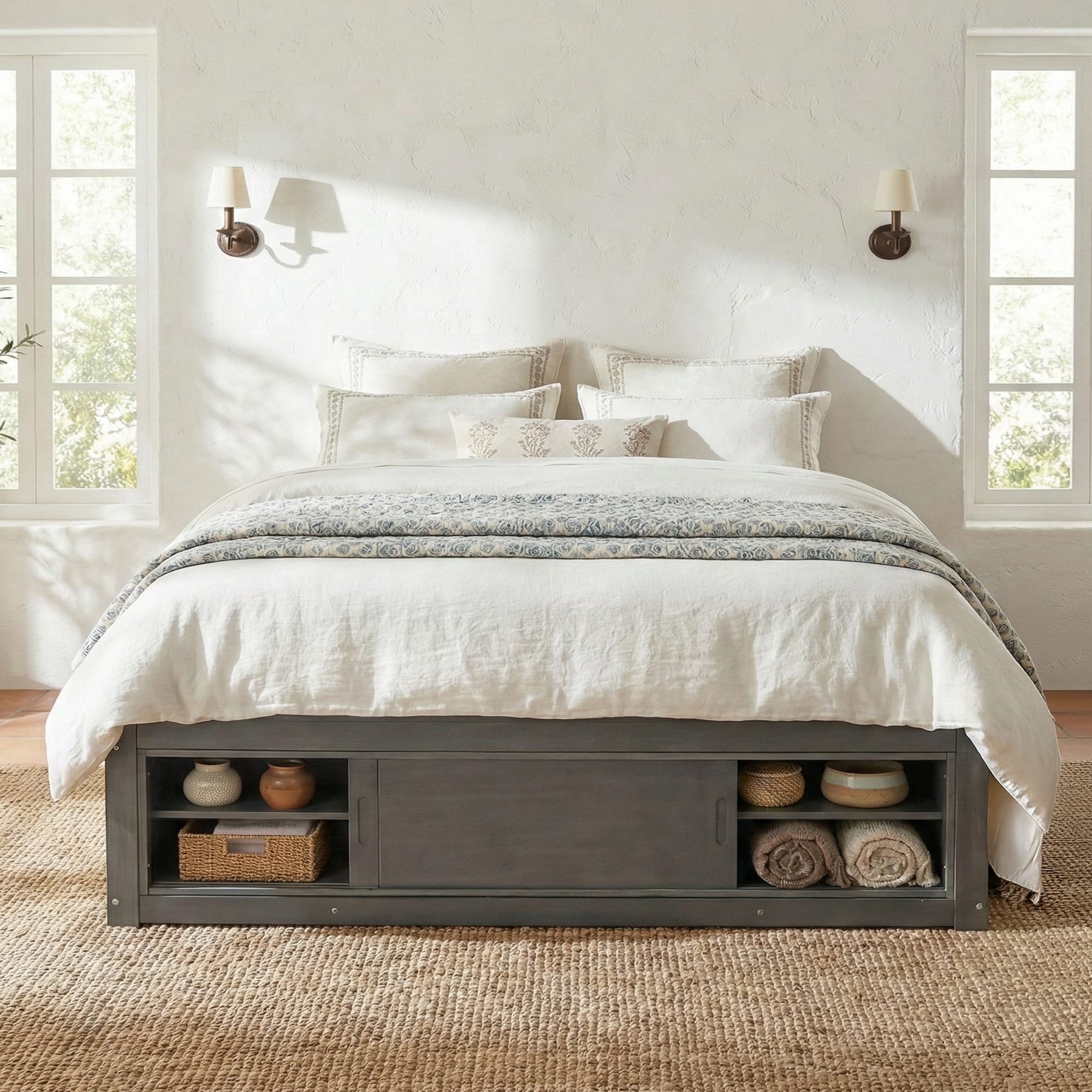 Queen Platform Bed Frame with Storage Drawers and Footboard