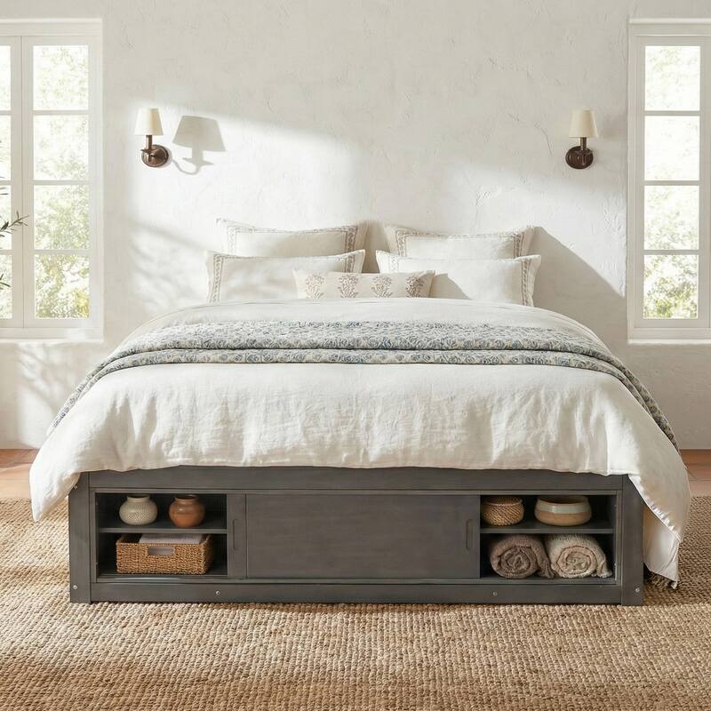 Queen Size Platform Bed Open Frame with Footboard Storage and 4 Drawers