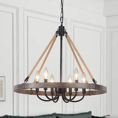 23.62" 6-Light Rustic Farmhouse Wagon Wheel Chandelier, Dimmable Candle-Style Chandelier for Kitchen Living Room