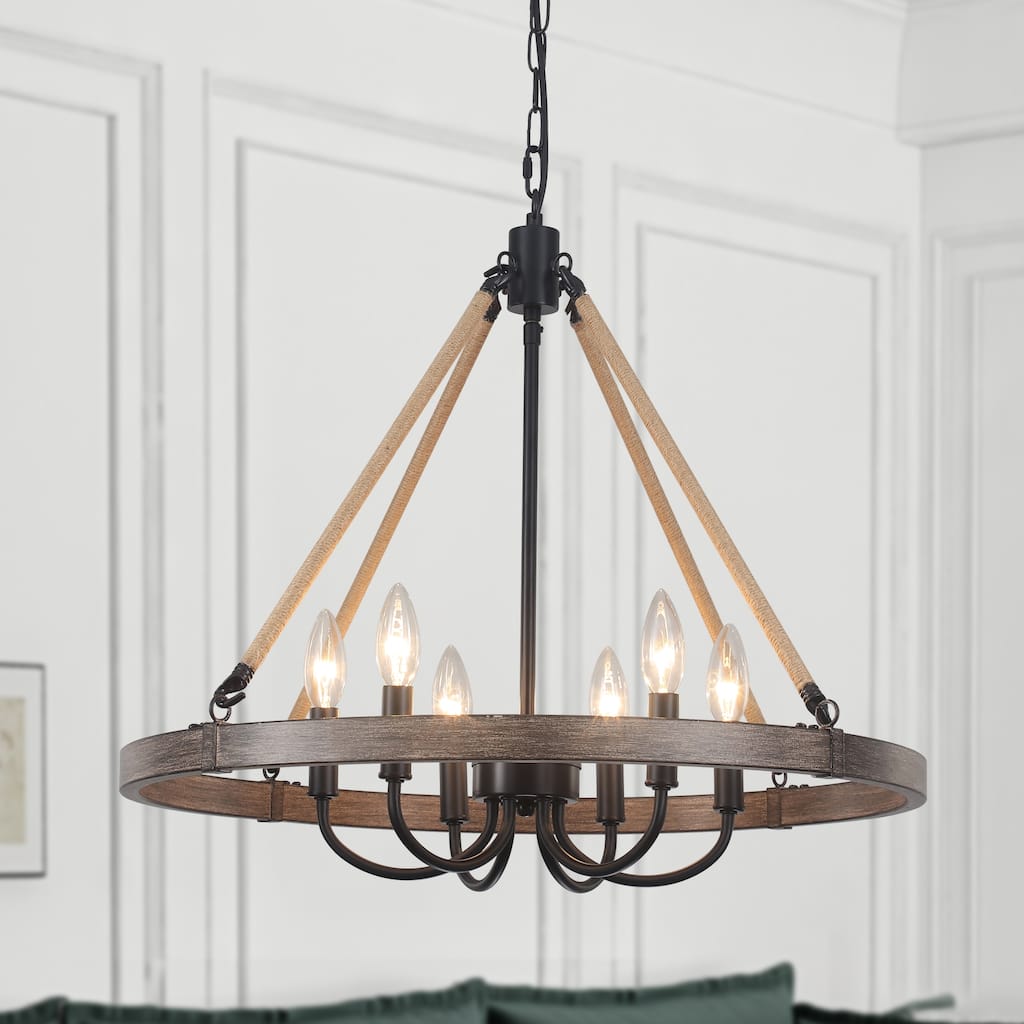 6 - Light Rustic Farmhouse Wagon Wheel Candle Style Chandelier for Living Room Bedroom Dinging Room