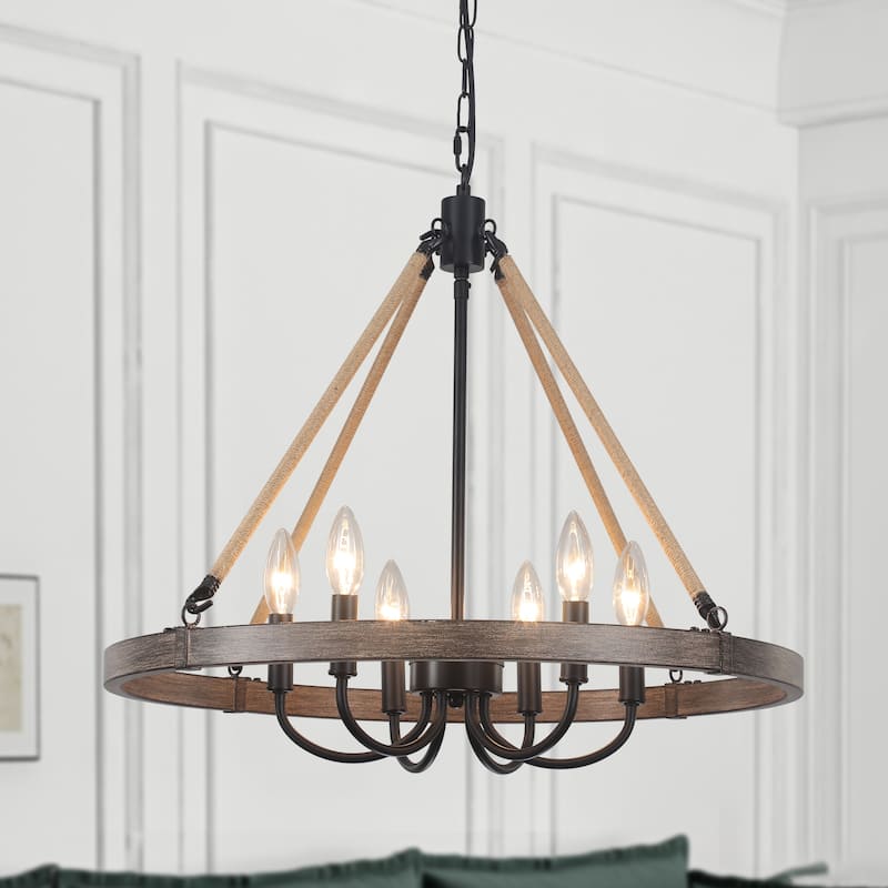 6 - Light Rustic Farmhouse Wagon Wheel Candle Style Chandelier for Living Room Bedroom Dinging Room - Black+Imitation wood grain