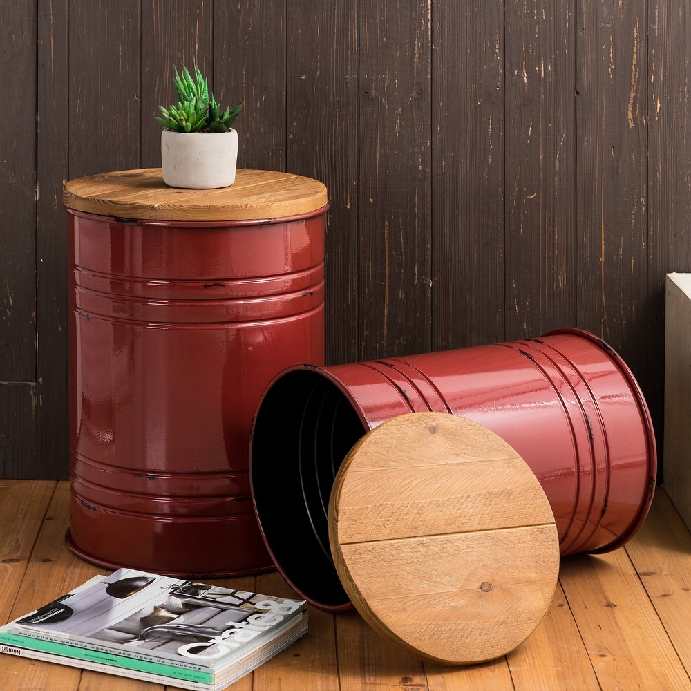 Glitzhome Set of 2 Industrial Farmhouse Outdoor Stool Storage Ottomans