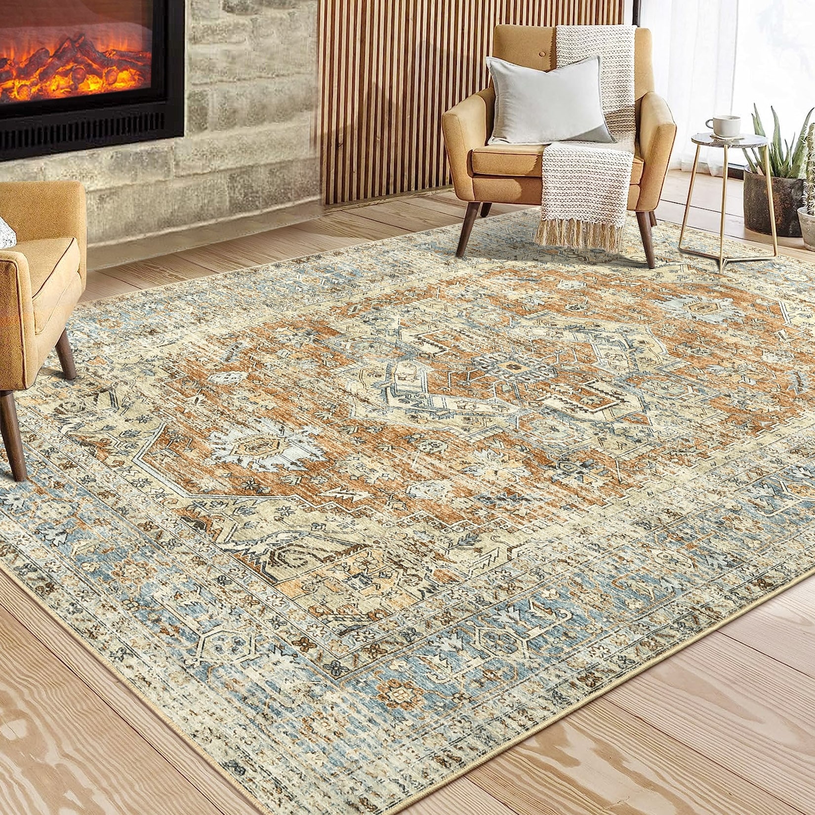 Garvee Vintage Rug Washable Rug Tribal Floral Print Area Rug - Bed