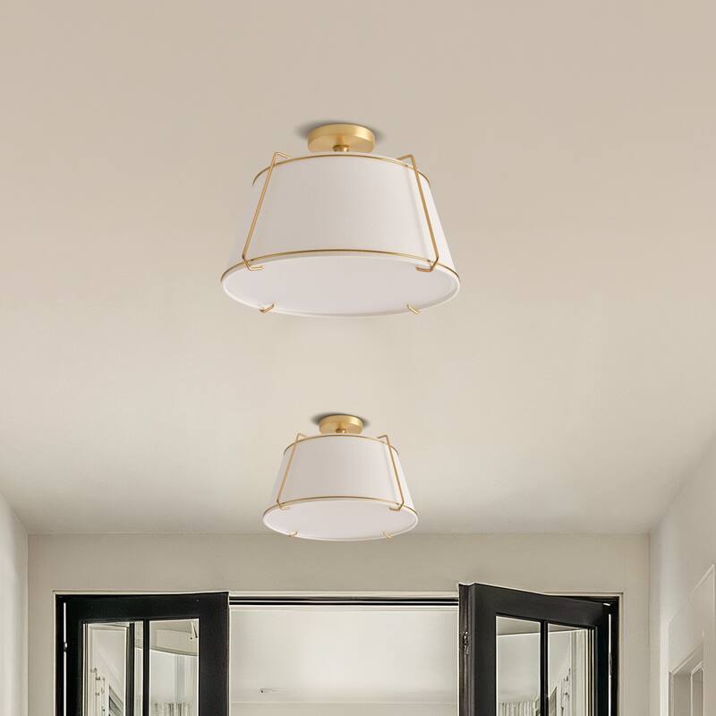Crest Semi-Flush Mount - Metal, Fabric & Gold, Ivory White Ceiling Light for Bedroom or Hallway in Modern, Transitional Style